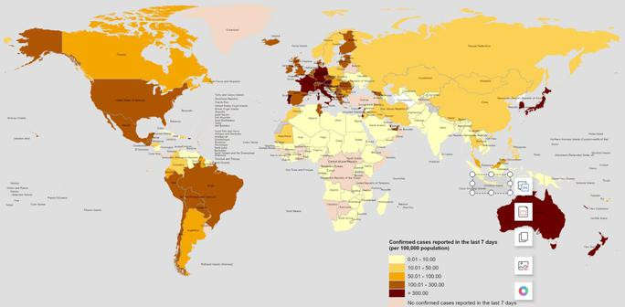  Bản đồ dịch tễ của WHO, với các quốc gia có màu đỏ càng sậm thì càng có tỉ lệ số ca trên dân số cao - Ảnh: WHO