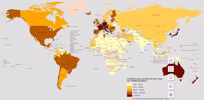 Bản đồ dịch tễ của WHO, với các quốc gia có màu đỏ càng sậm thì càng có tỉ lệ số ca trên dân số cao. Ảnh: WHO Bản đồ dịch tễ của WHO, với các quốc gia có màu đỏ càng sậm thì càng có tỉ lệ số ca trên dân số cao - Ảnh: WHO