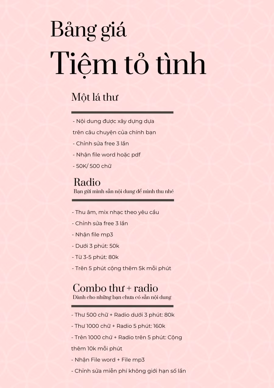 Các dịch vụ của Tiệm tỏ tình. Ảnh NVCC