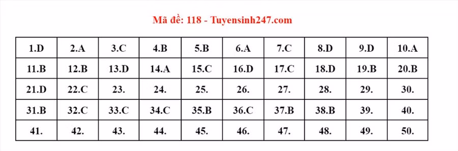 Đáp án đề thi môn Toán mã đề 118 thi THPT 2022 chuẩn nhất. Ảnh: Tuyensinh247 