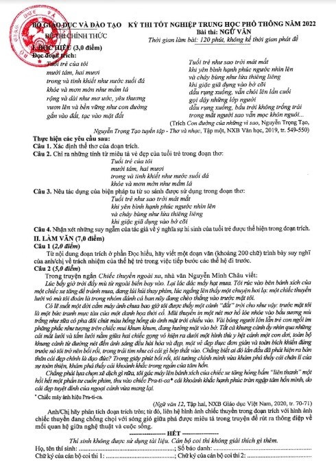 Đề thi môn Ngữ văn Kỳ thi tốt nghiệp THPT năm 2022. Đề thi môn Ngữ văn Kỳ thi tốt nghiệp THPT năm 2022.