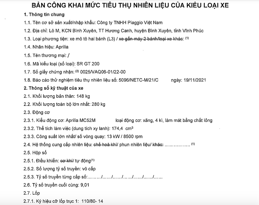  Thông tin Aprilia SR GT 200 trên dữ liệu của Cục Đăng kiểm Việt Nam. Ảnh: Cục Đăng kiểm Việt Nam