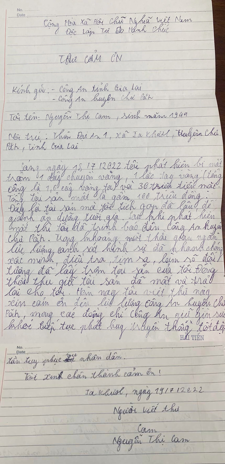 Bức thư của bà Nguyễn Thị Cam. Ảnh Công an huyện Chư Păh Bức thư của bà . Ảnh Công an huyện Chư Păh