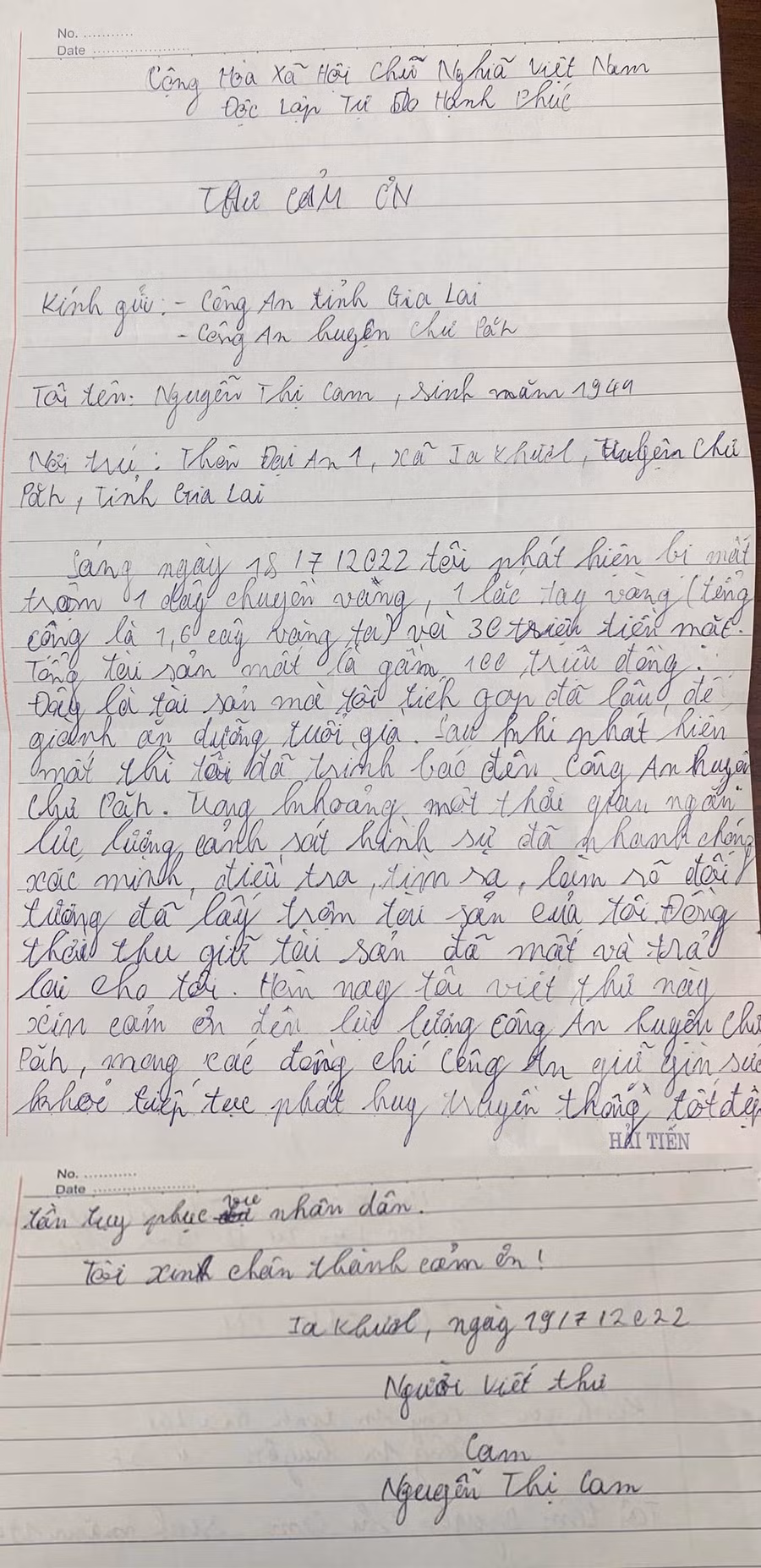 Bức thư của bà Nguyễn Thị Cam. Ảnh Công an huyện Chư Păh Bức thư của bà . Ảnh Công an huyện Chư Păh