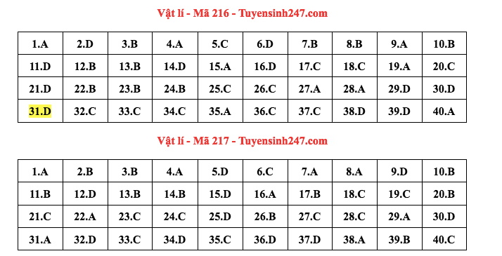 Đáp án đề thi môn Vật lý mã đề 216, 217 kỳ thi tốt nghiệp THPT 2022. Ảnh: CMH.