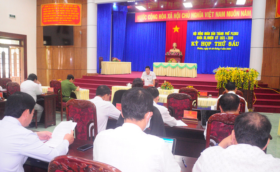 Đại biểu HĐND TP. Pleiku thảo luận tại kỳ họp lần thứ 6, khóa XII. Ảnh: Thiên Di