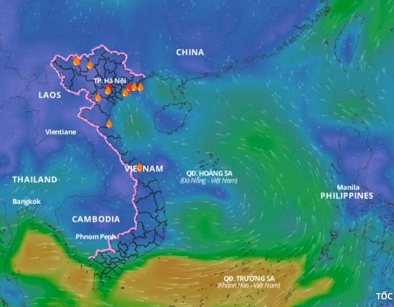 Lớp dự báo hướng gió vào ngày 9.7. Ảnh: VNDMS. Lớp dự báo hướng gió vào ngày 9.7. Ảnh: VNDMS.
