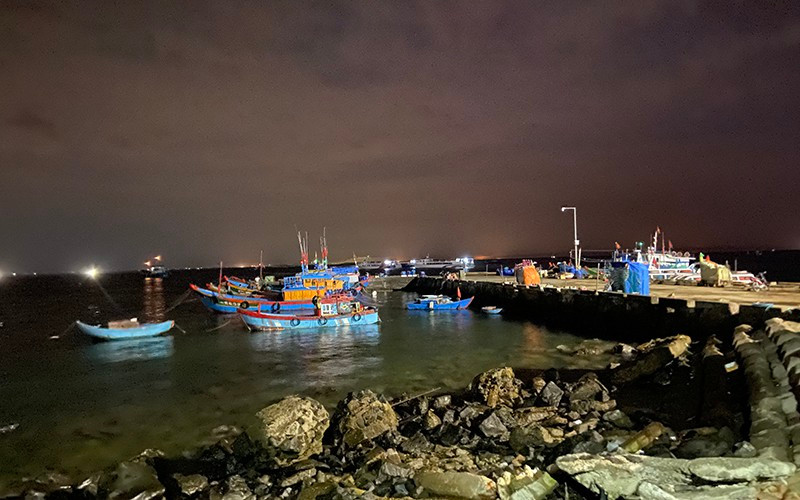 Cảng cá Lý Sơn về đêm, trước những chuyến ra khơi từ tờ mờ sáng.