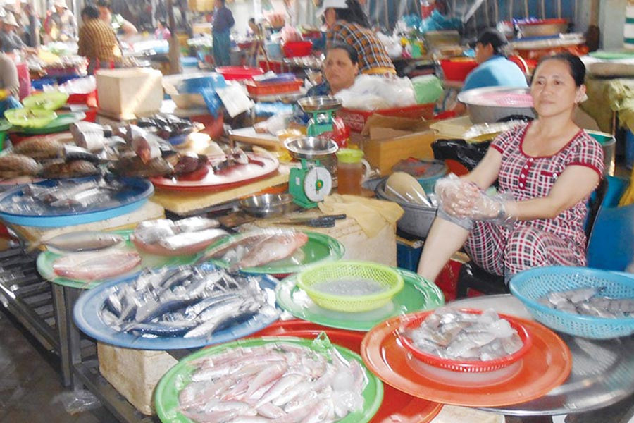  Các sạp hàng bán cá luôn trong tình trạng ế ẩm.