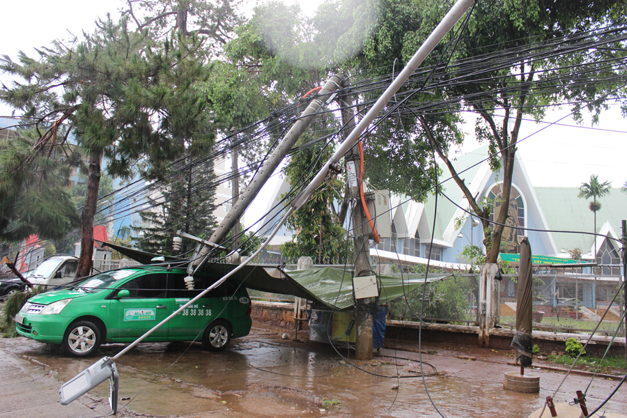 Một số trụ điện bị gãy. Đè và kéo gãy một số trụ điện.