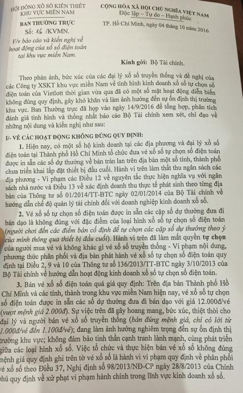 Văn bản gửi Bộ Tài chính đề nghị chấn chính hình thức xổ số điện toán. Ảnh:NLD Văn bản gửi Bộ Tài chính đề nghị chấn chính hình thức xổ số điện toán. Ảnh:NLD