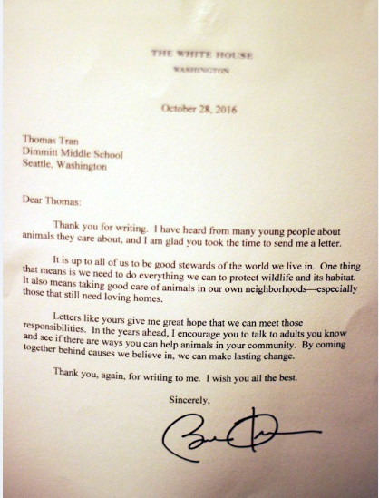 Thư hồi âm Tổng thống Obama viết cho Thomas.