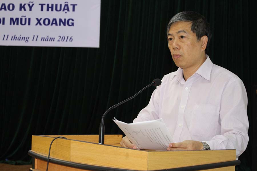 Phó Giáo sư-Tiến sĩ Nguyễn Thanh Quang-Giám đốc Bệnh viện Tai-Mũi-Họng Trung ương, Chủ tịch Hội Tai-Mũi-Họng Việt Nam phát biểu tại buổi lễ. Ảnh: Phan Lài