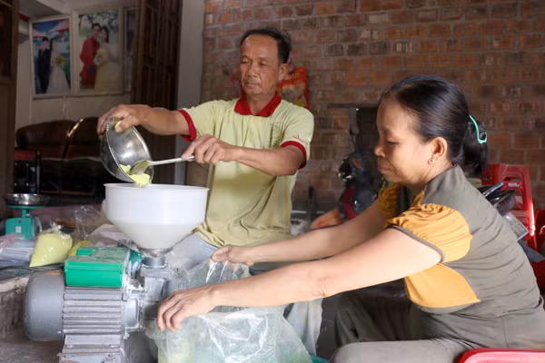 Vợ chồng bà Nguyễn Thị Dung (thôn Thượng An 2, xã Song An, thị xã An Khê) cho tinh bột vào xay nhuyễn sau khi phơi khô. Ảnh: N.M