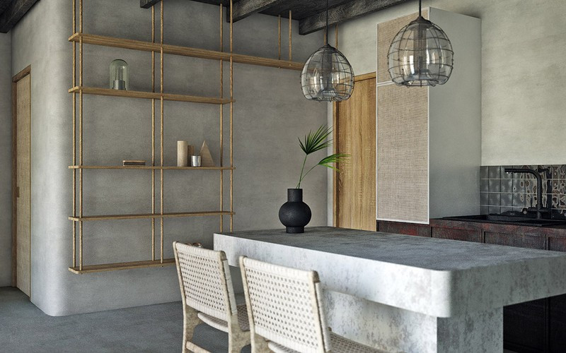 Một chiếc kệ mở được treo từ xà ngang của nhà nhằm tối ưu không gian lưu trữ. Một chiếc kệ mở được treo từ xà ngang của nhà nhằm tối ưu không gian lưu trữ.