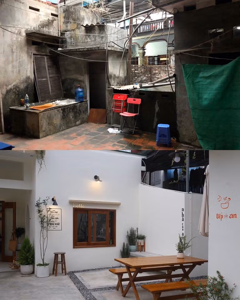 Bể nước được đập bỏ thay bằng không gian sân thoáng đãng, xinh xắn.