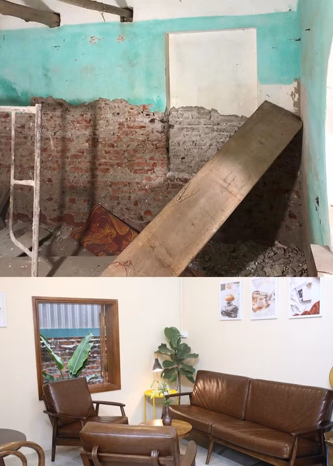 Màu nâu, trắng và cây xanh tạo cảm giác thân thuộc, dễ chịu.