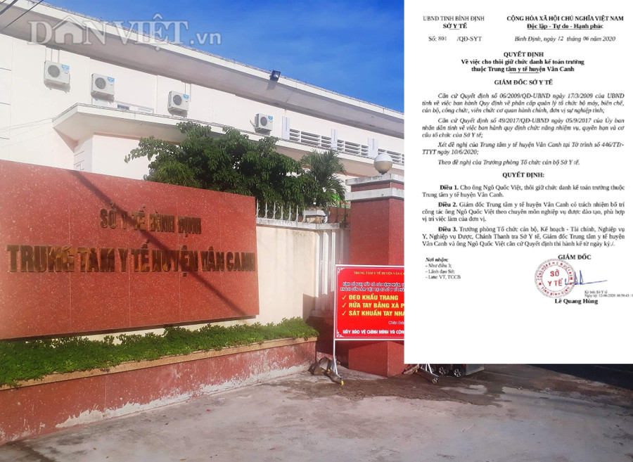 Trung tâm Y tế huyện Vân Canh và Quyết định cho ông Ngô Quốc Việt thôi chức danh kế toán trưởng. Ảnh: Dũ Tuấn