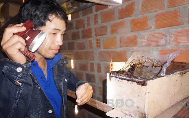 Anh Tô Vũ Thành Tín kiểm tra một thùng nuôi ong dú bên trong nhà nuôi ong.