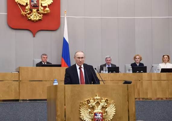 Tổng thống Nga Vladimir Putin phát biểu tại một phiên họp Duma quốc gia Nga ở Moskva. Ảnh: THX/TTXVN