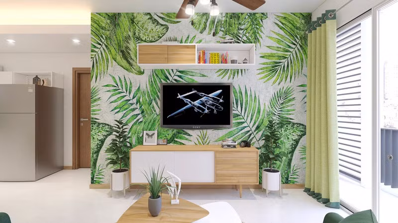  Sau khi hoàn thành, bức tường tivi đã trở thành một rừng cây nhiệt đới đúng như ý anh chị mong ước.
