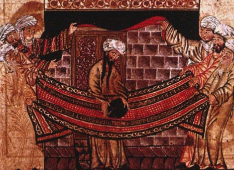 Tranh minh họa Nhà tiên tri và các bô lão ở Mecca nâng hòn đá đặt vào chỗ linh thiêng.