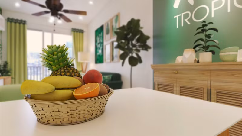 Các loại trái cây khiến căn phòng tràn ngập hương sắc mùa xuân mà không cần phải sử dụng quá nhiều chi tiết trang trí.