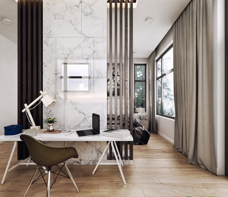  Mặt tường là sự kết hợp hoàn hảo giữa nan gỗ và đá marble sang trọng.