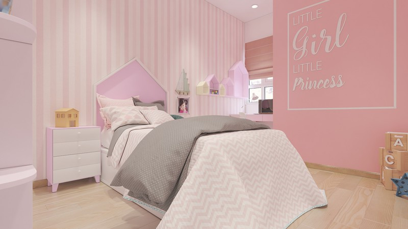 Phòng cô con gái út được sơn lại bằng tông màu hồng xinh xắn. Phòng cô con gái út được sơn lại bằng tông màu hồng xinh xắn.