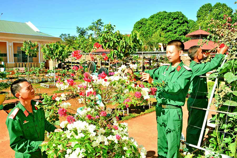 Chiến sĩ Đại đội 6 (Tiểu đoàn 2, Trung đoàn 48) tranh thủ chăm sóc cảnh quan môi trường đơn vị trước khi về làng đón Tết. Ảnh: N.A.S  Chiến sĩ Đại đội 6 (Tiểu đoàn 2, Trung đoàn 48) tranh thủ chăm sóc cảnh quan môi trường đơn vị trước khi về làng đón Tết. Ảnh: N.A.S