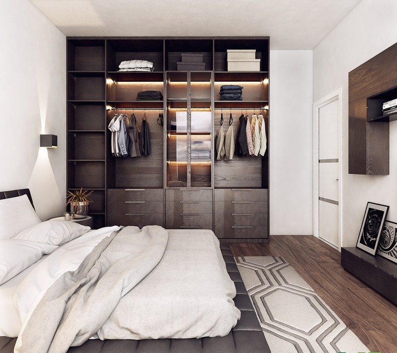 Tủ quần áo làm bằng gỗ sơn đen nhưng nhấn nhá bằng đèn led mang đến sự quyến rũ và sang trọng.