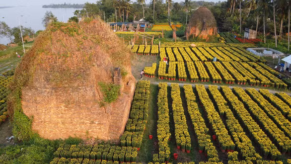 Một góc lò gạch cũ, xen lẫn giữa vườn hoa đang bung sắc - Ảnh: MẬU TRƯỜNG