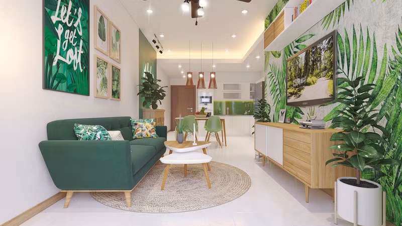 Vỏ bọc ghế sofa cũng được anh thay bằng màu xanh để phù hợp với chủ đề mùa xuân mà anh hướng tới.