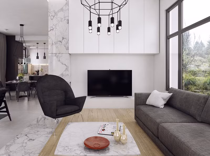 Từ bàn ghế, tủ tường cho đến đèn trang trí đều sử dụng màu đen và xám chủ đạo.