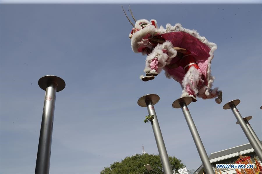 Các nghệ sĩ dân gian đang biểu diễn màn múa lân để chào mừng Tết Nguyên đán 2020 ở Phnom Penh, Campuchia. Ảnh: Xinhua