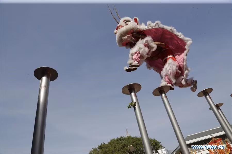 Các nghệ sĩ dân gian đang biểu diễn màn múa lân để chào mừng Tết Nguyên đán 2020 ở Phnom Penh, Campuchia. Ảnh: Xinhua