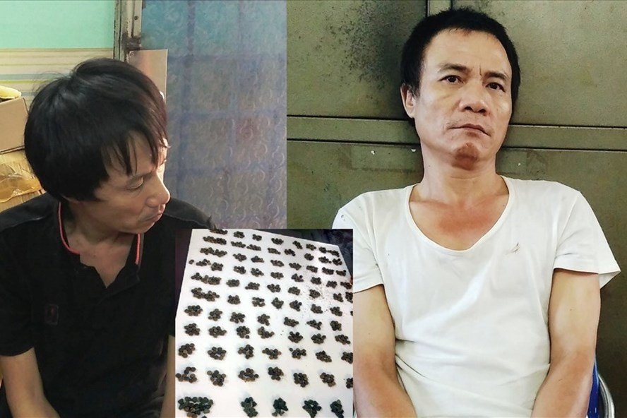 Các đối tượng Thạch (áo đen), Khương và tang vật vụ án_Ảnh: CTV