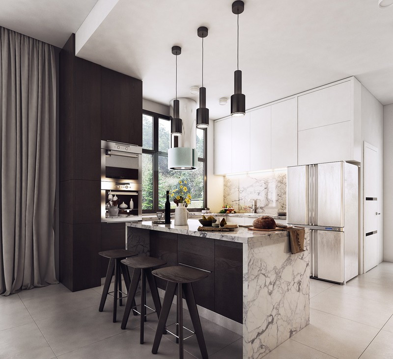  Đá marble làm mặt đảo bếp vừa sạch sẽ lại có màu sắc phù hợp với tông màu chung của ngôi nhà.