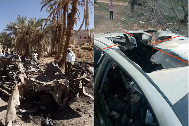  Ảnh chụp tại hiện trường cho thấy sức công phá dữ dội của Hellfire AGM-114 (trái). Ảnh bên phải cho thấy Hellfire R9Q đã xuyên qua nóc xe và diệt hai tên khủng bố HTAS ở Syria mà không phá hủy chiếc xe. - Ảnh chụp màn hình trang Twitter của điều tra viên Nick Waters