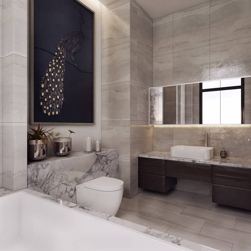 Tranh hình chim công trang trí phòng tắm.