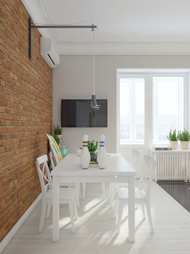 Bộ bàn ăn màu trắng ton-sur-ton với màu của tường và sàn nhà. Bộ bàn ăn màu trắng ton-sur-ton với màu của tường và sàn nhà.