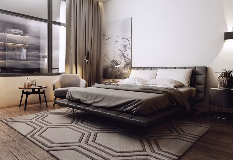  Phòng ngủ chính trang trí bằng các tông màu tối tuyệt đẹp. Chiếc giường ngủ thấp bọc nệm êm ái và không cản đường đi của ánh sáng.