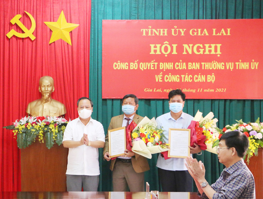 Phó Bí thư Thường trực Tỉnh ủy Châu Ngọc Tuấn trao quyết định và tặng hoa chúc mừng các đồng chí được điều động, bổ nhiệm. Ảnh: Quang Tấn