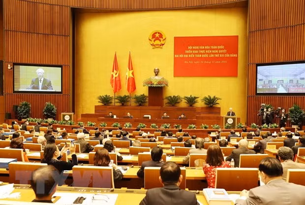 Tổng Bí thư Nguyễn Phú Trọng phát biểu chỉ đạo Hội nghị Văn hóa toàn quốc triển khai thực hiện Nghị quyết Đại hội XIII của Đảng. (Ảnh: Trí Dũng/TTXVN)