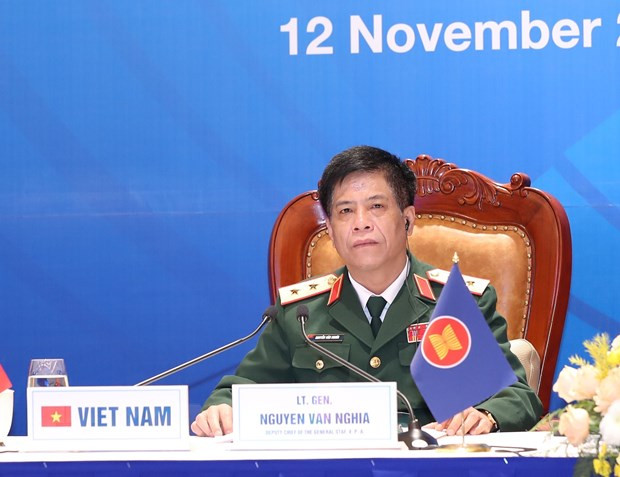Trung tướng Nguyễn Văn Nghĩa, Phó Tổng Tham mưu trưởng Quân đội Nhân dân Việt Nam dự tại điểm cầu Hà Nội. (Ảnh: Trọng Đức/TTXVN) Trung tướng Nguyễn Văn Nghĩa, Phó Tổng Tham mưu trưởng Quân đội Nhân dân Việt Nam dự tại điểm cầu Hà Nội. (Ảnh: Trọng Đức/TTXVN)