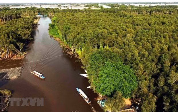 Một góc khu du lịch làng nổi Tân Lập nhìn từ trên cao. Ảnh: An Hiếu/TTXVN