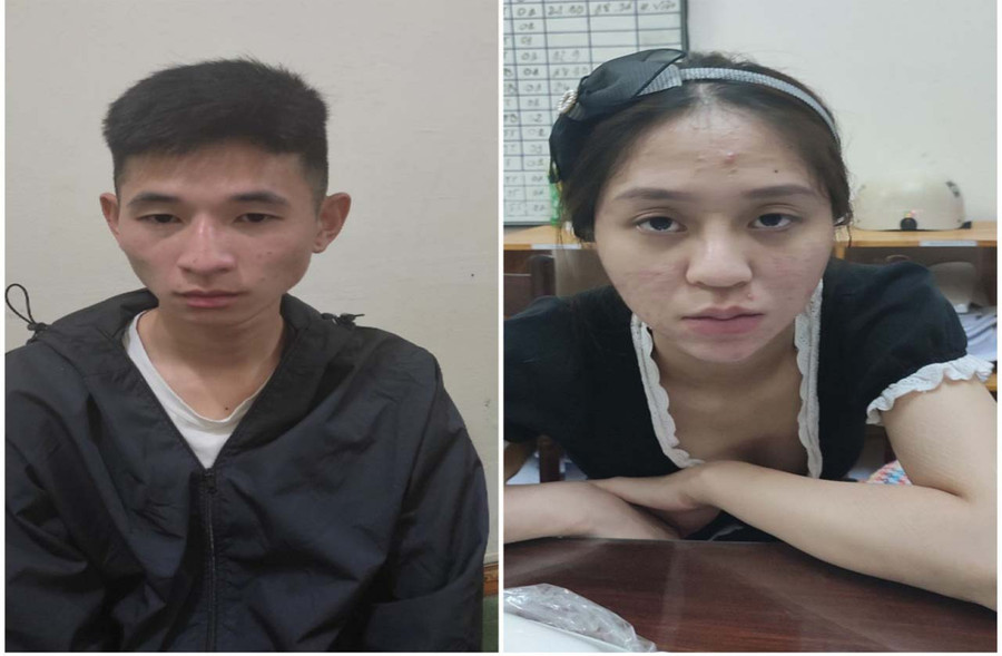 Hai đối tượng Hoàng (bìa trái) và Ngọc tại cơ quan điều tra Công an TP. Pleiku. Ảnh: Lê Anh