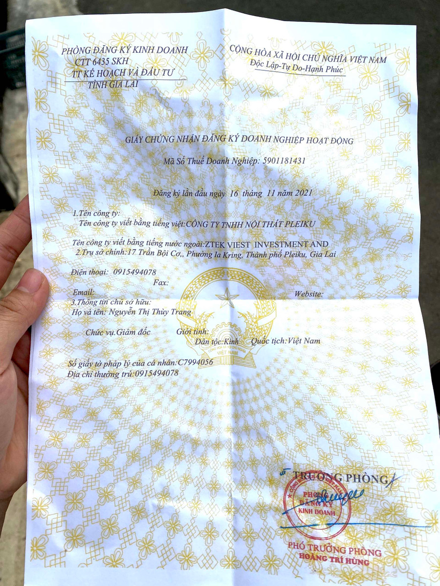 Giấy chứng nhận đăng ký doanh nghiệp hoạt động giả được doanh nghiệp gửi đến Phòng Đăng ký kinh doanh (Sở Kế hoạch và Đầu tư). Ảnh: Hà Duy