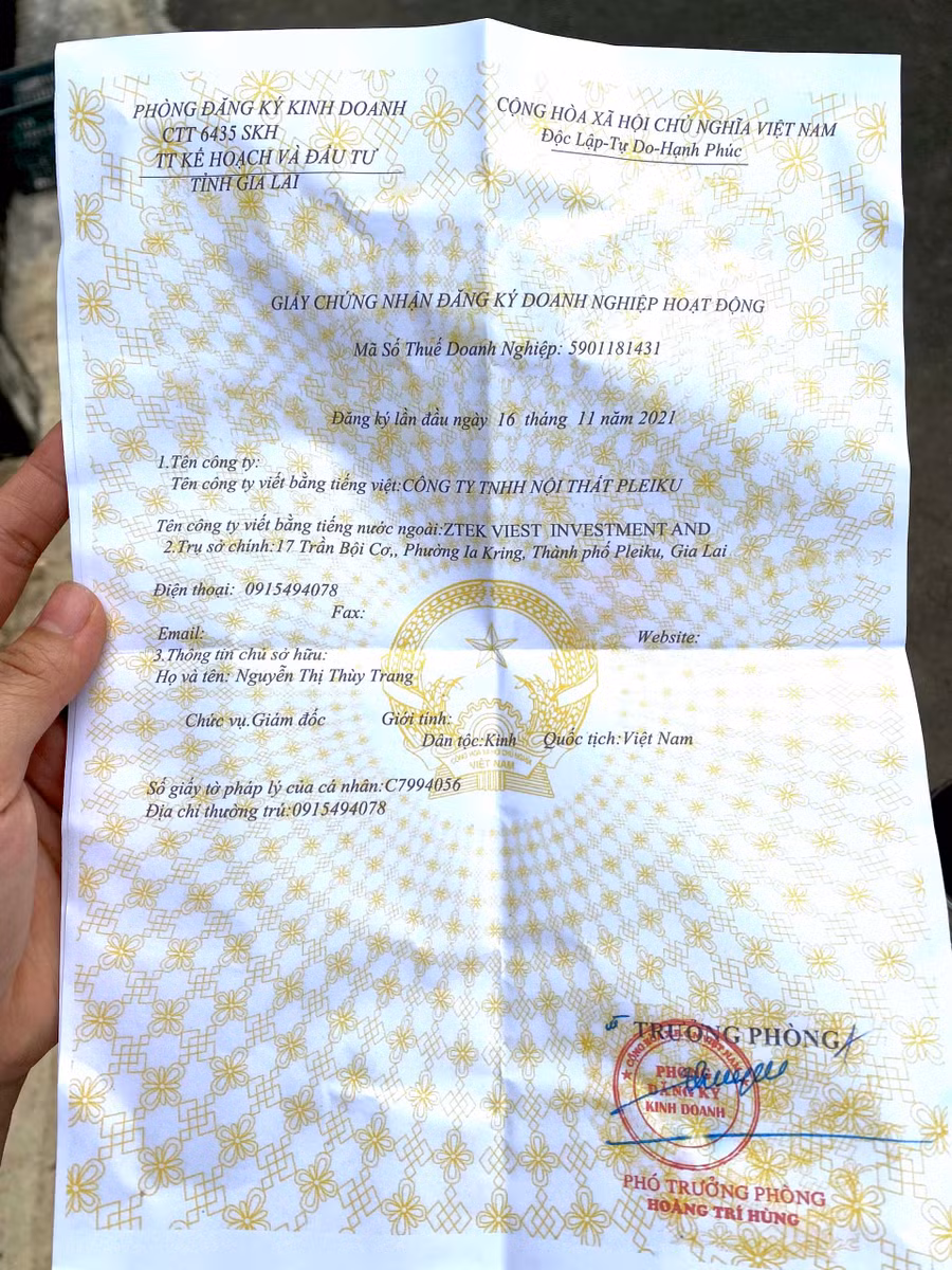 Giấy chứng nhận đăng ký doanh nghiệp hoạt động giả được doanh nghiệp gửi đến Phòng Đăng ký kinh doanh (Sở Kế hoạch và Đầu tư). Ảnh: Hà Duy