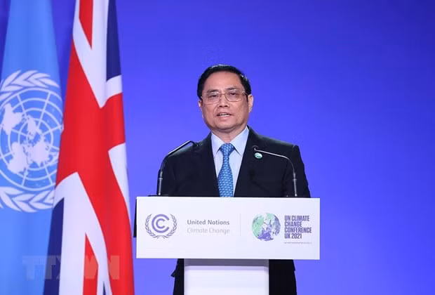 Thủ tướng Phạm Minh Chính phát biểu tại Hội nghị Thượng đỉnh khí hậu trong khuôn khổ Hội nghị lần thứ 26 các Bên tham gia Công ước khung của Liên hợp quốc về Biến đổi khí hậu (COP26). (Ảnh: Dương Giang/TTXVN)
